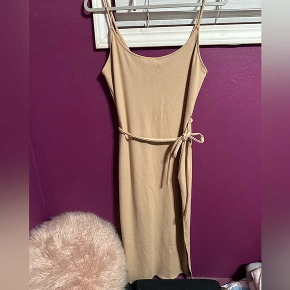 Nude Ribbed Roll Neck Midi Dress - Ema